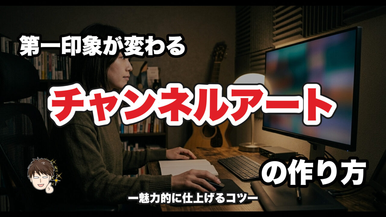 モニターの前でチャンネルアートのデザイン作業をしている様子